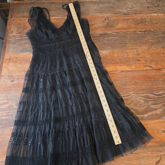 Black Tulle Lace Sequin Tiered Ruffled V Neck Midi Dress Med whimsy goth fairy - Picture 2 of 10